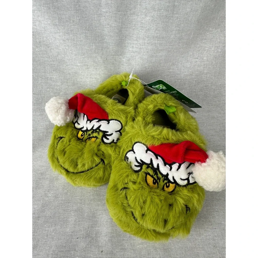 Dr Seuss The‎ Grinch Christmas Plush Slippers Green Santa Hat Toddler 5T-6T NEW
